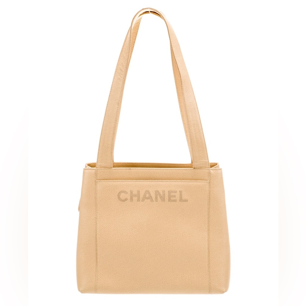 AUTH LIKE NEW CHANEL LOGO CAVIAR LEATHER LAX BEIGE TAN TOTE SHOULDER BAG